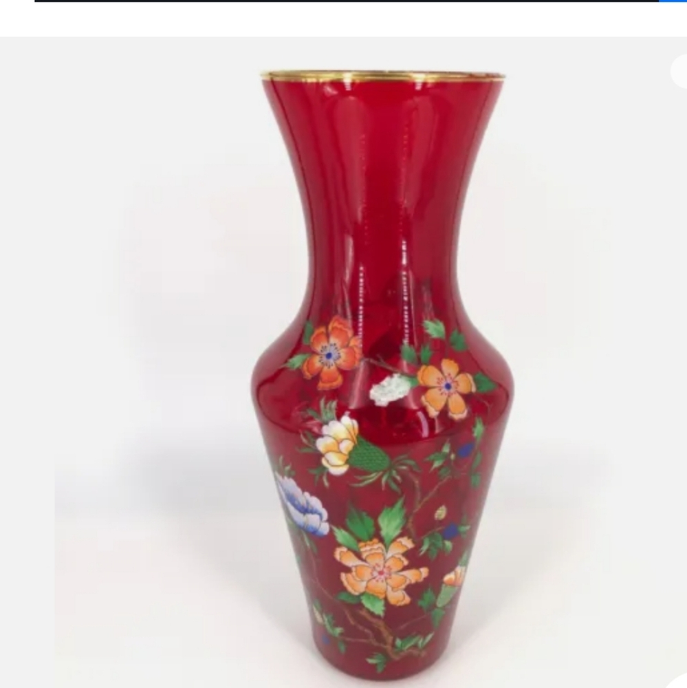 Ruby Glass Flower Design Vase w Gold Painted Rim, Made in Italy.